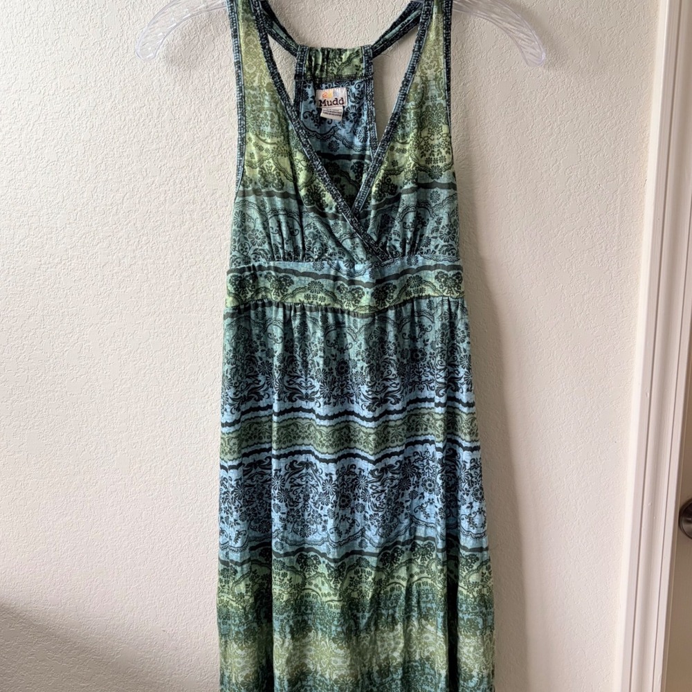 Mudd Blue Green Floral Damask Racerback Y2K Vintage Mini Dress Large Boho 90s